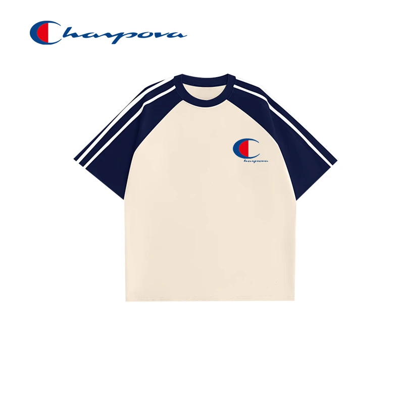 【冠军犀牛系列】纯棉短袖男透气宽松t恤女拼色印花宽松圆领撞色