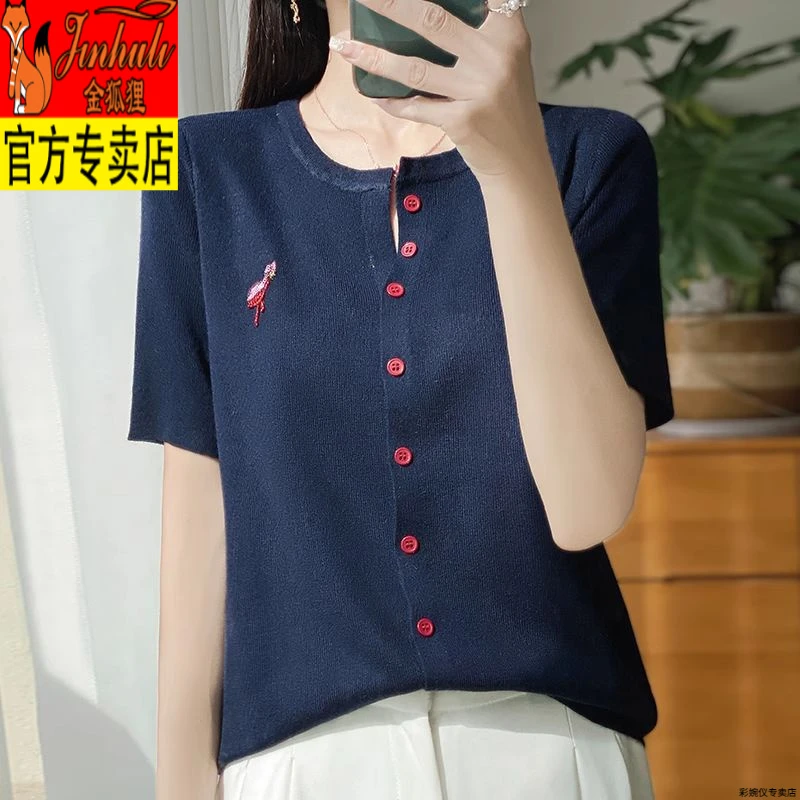 V领刺绣短袖t恤女夏季2025新款打底衫洋气特大码女装冰丝针织上衣