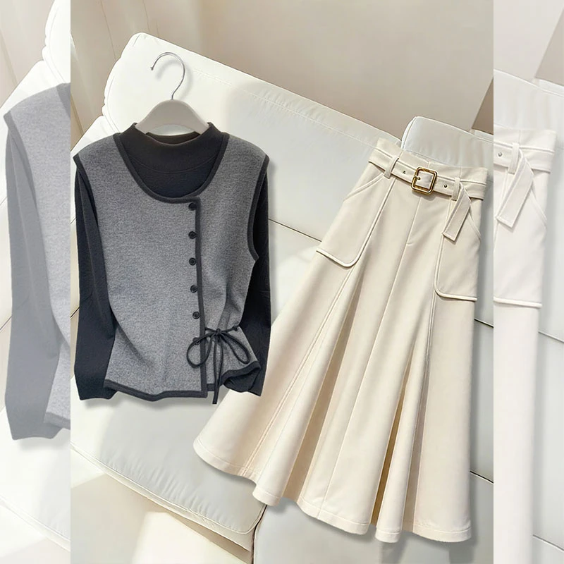 秋冬气质穿搭一整套女时尚百搭针织上衣高腰半身裙法式轻熟风套装