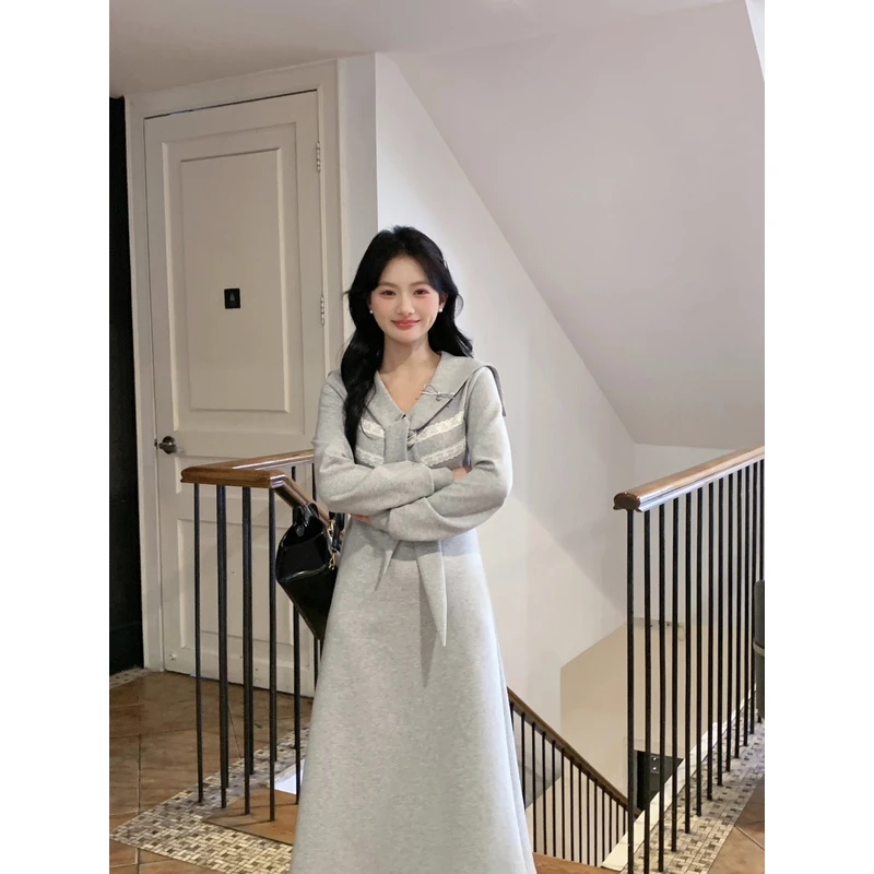 瞌睡兔清仓【灰色胶片】海军领连衣裙女减龄灰色宽松新中式女装