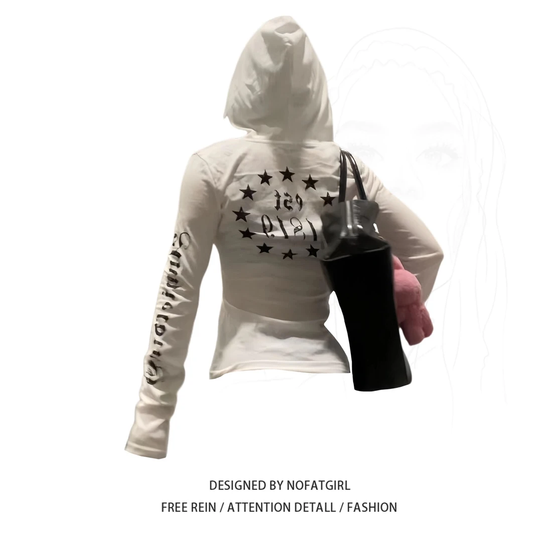 大码胖MM美式复古连帽字母长袖T恤女夏2025新款修身显瘦罩衫上衣