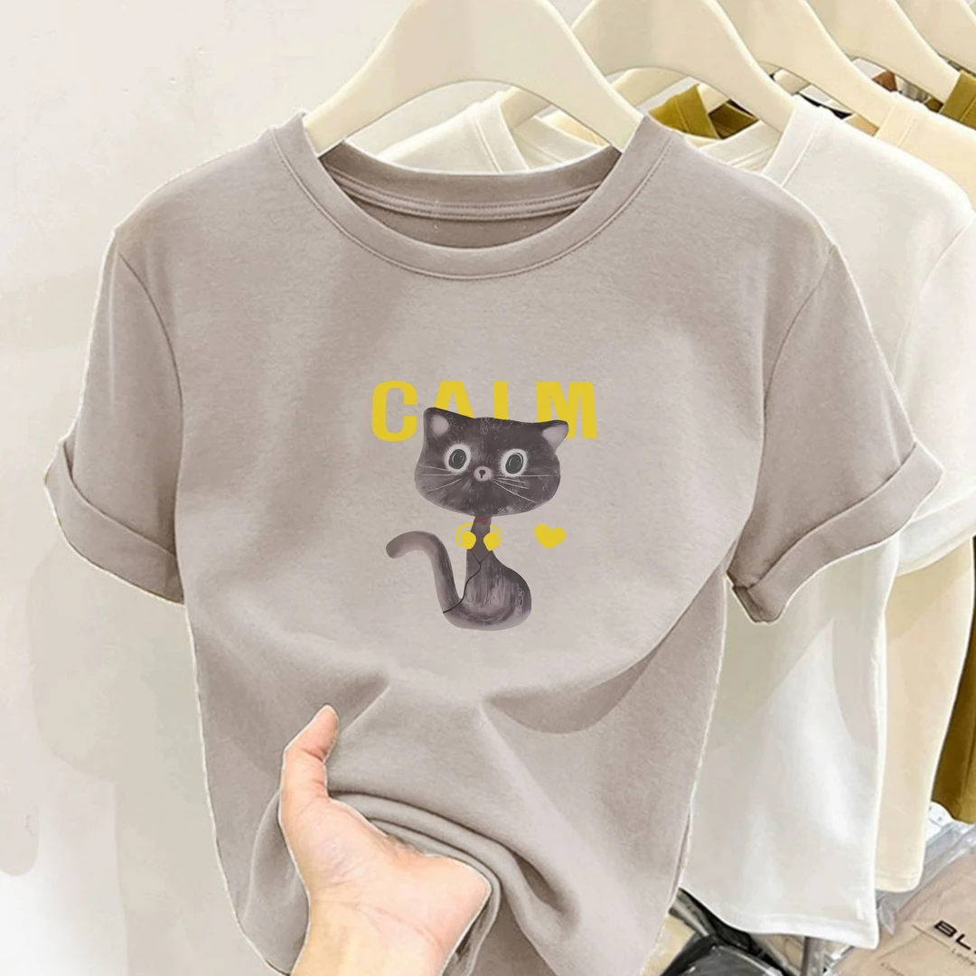 新款圆领CALLM猫咪印花纯棉短袖小个子女修身显瘦百搭上衣