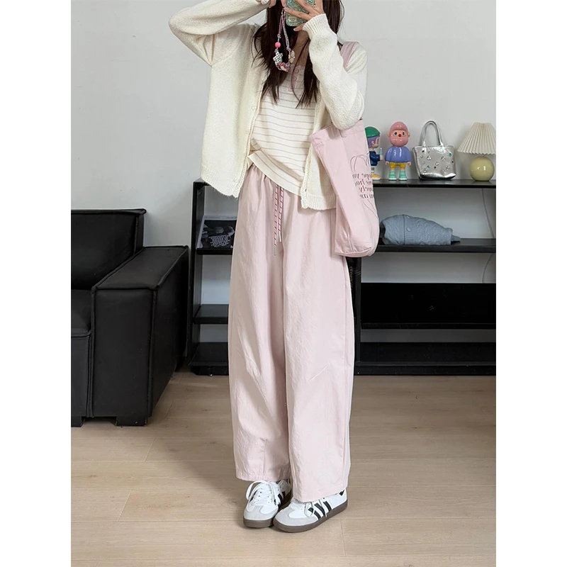 大码显高显瘦百搭粉色抽绳休闲裤女夏季薄款高级感百搭阔腿裤子