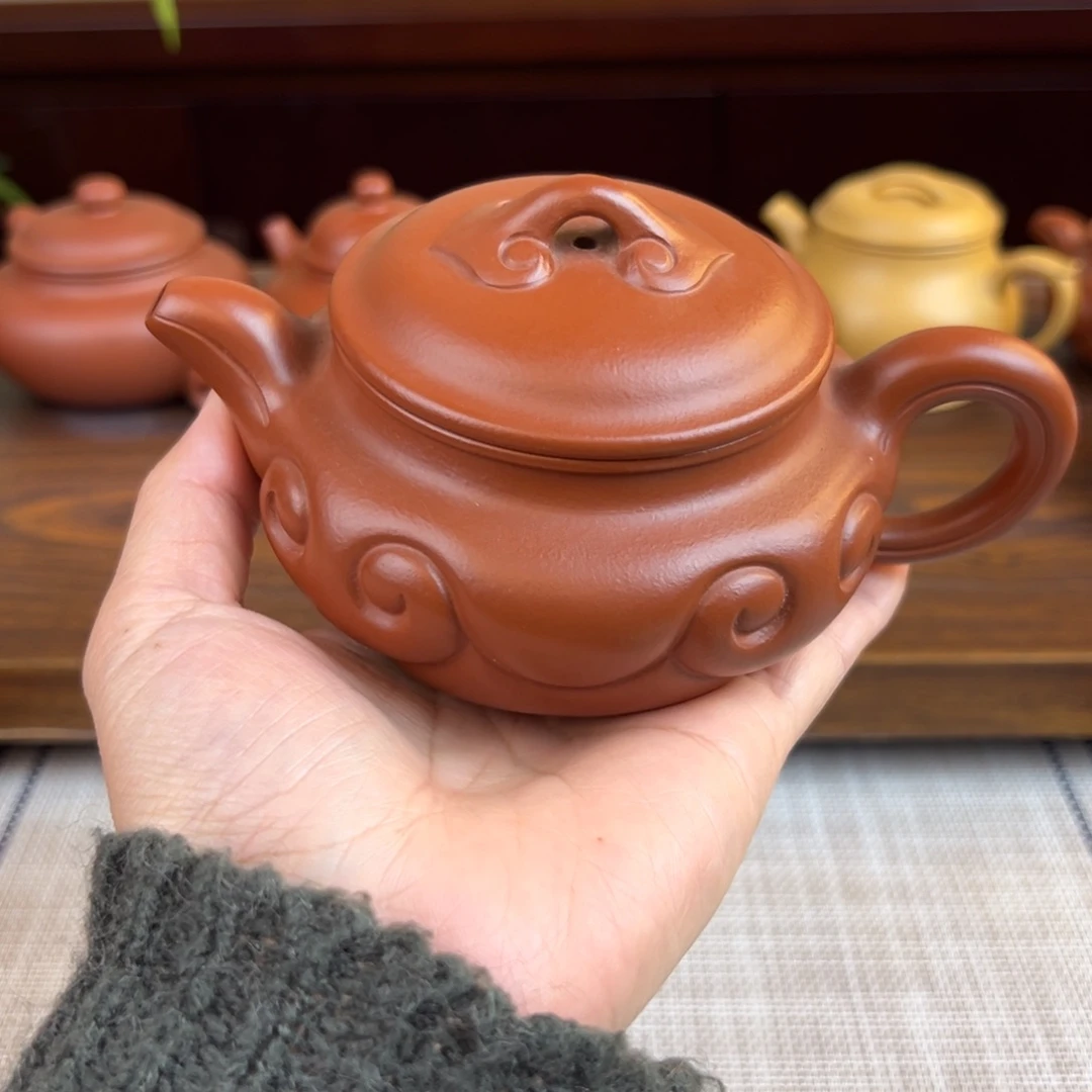 @***坤紫砂茶壶朱泥仿古如意半手微瑕240cc