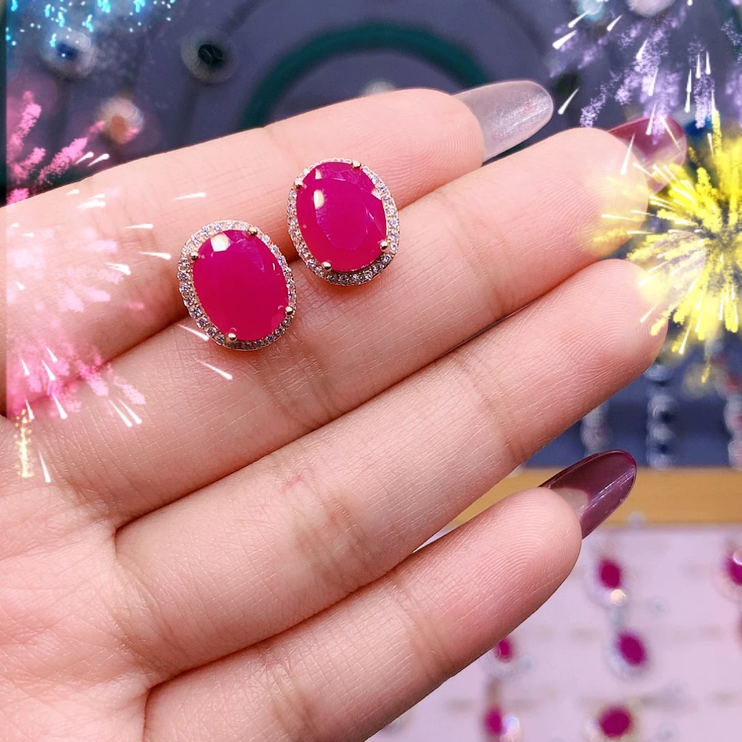 红宝石耳饰银S925镶嵌