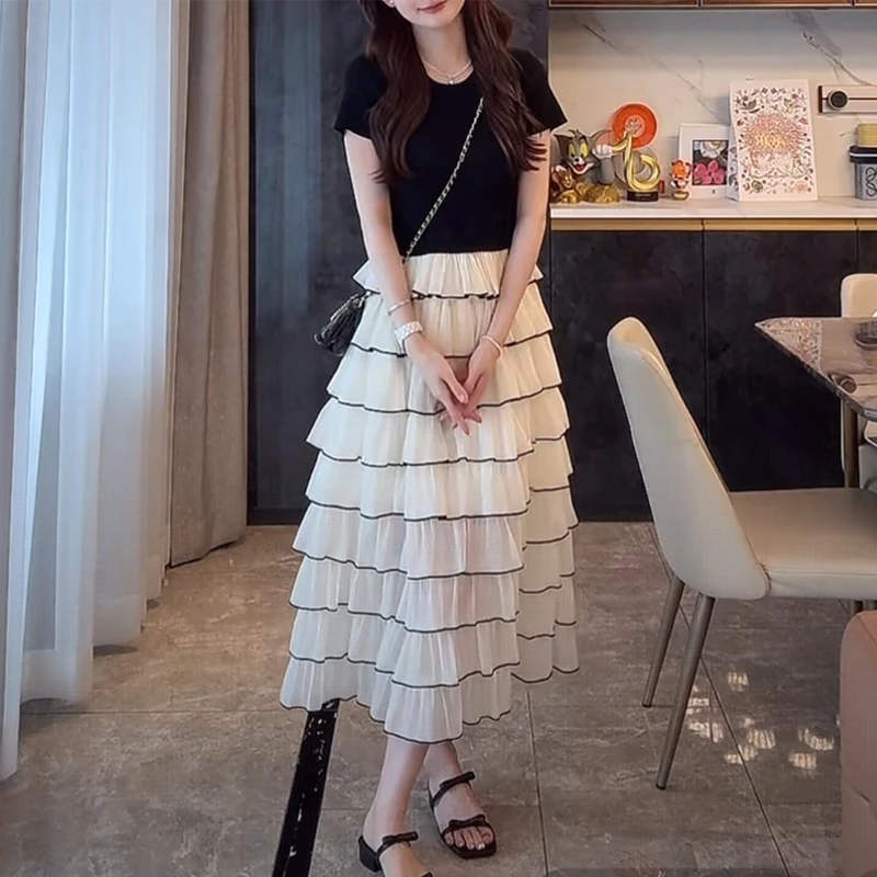 潮流漂亮裙子小香风撞色拼接蛋糕裙夏日时尚高级气质中长裙女8462