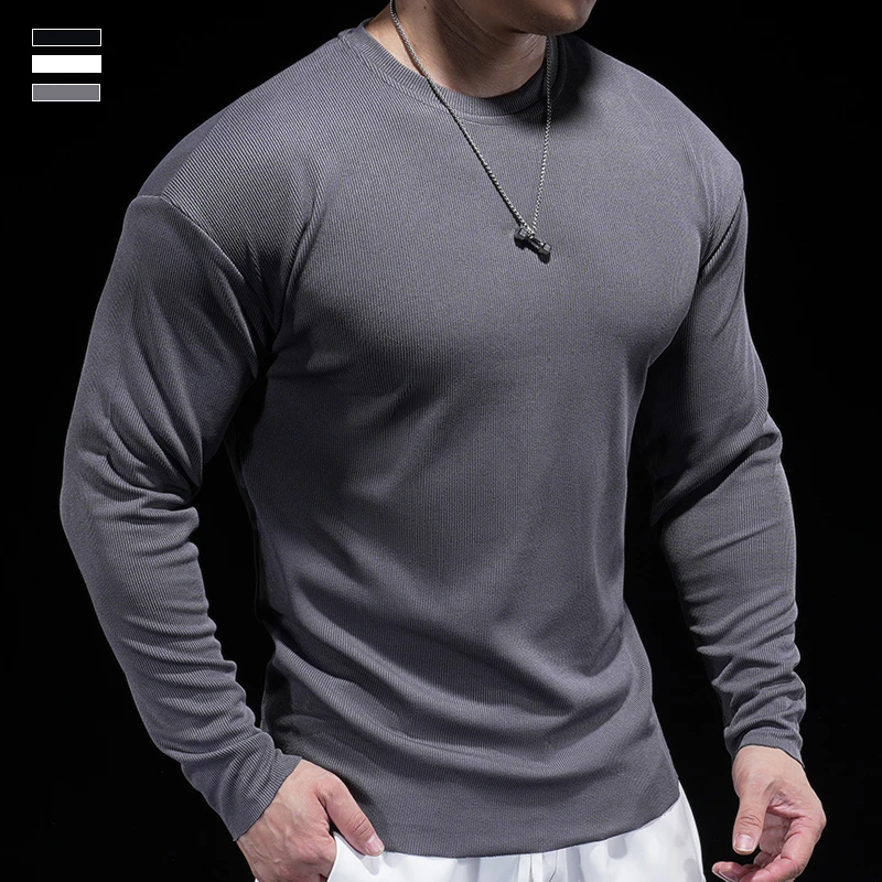 霸道肌肉男士长袖T恤修身弹力圆领休闲显型健身衣服舒适打底衫