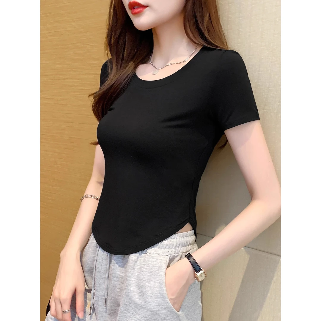 黑色莫代尔冰丝短款t恤女短袖圆领百搭弧形下摆修身不规则上衣夏