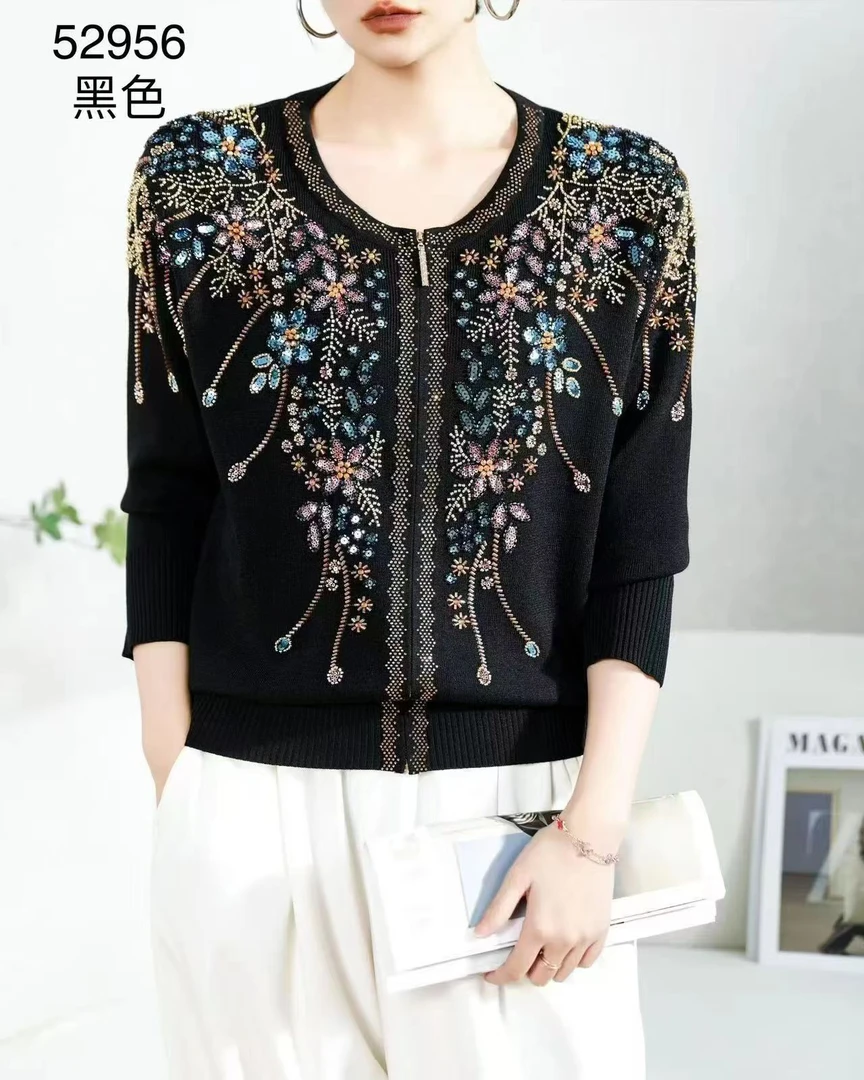 秋冬新款重工烫钻手工串珠时尚百搭繁花似锦针织开衫