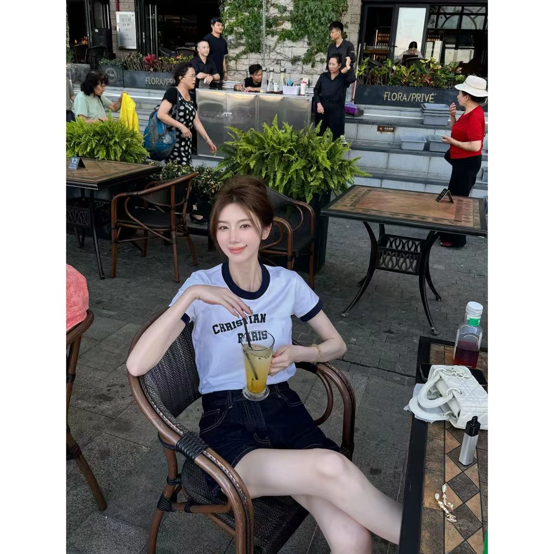 【思琦定制】新款撞色字母印花短袖T恤女➕2025夏季小个子修身短裤