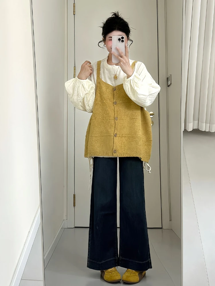 2025秋季新款韩系减龄穿搭气质衬衫上衣针织吊带牛仔直筒裤三件套