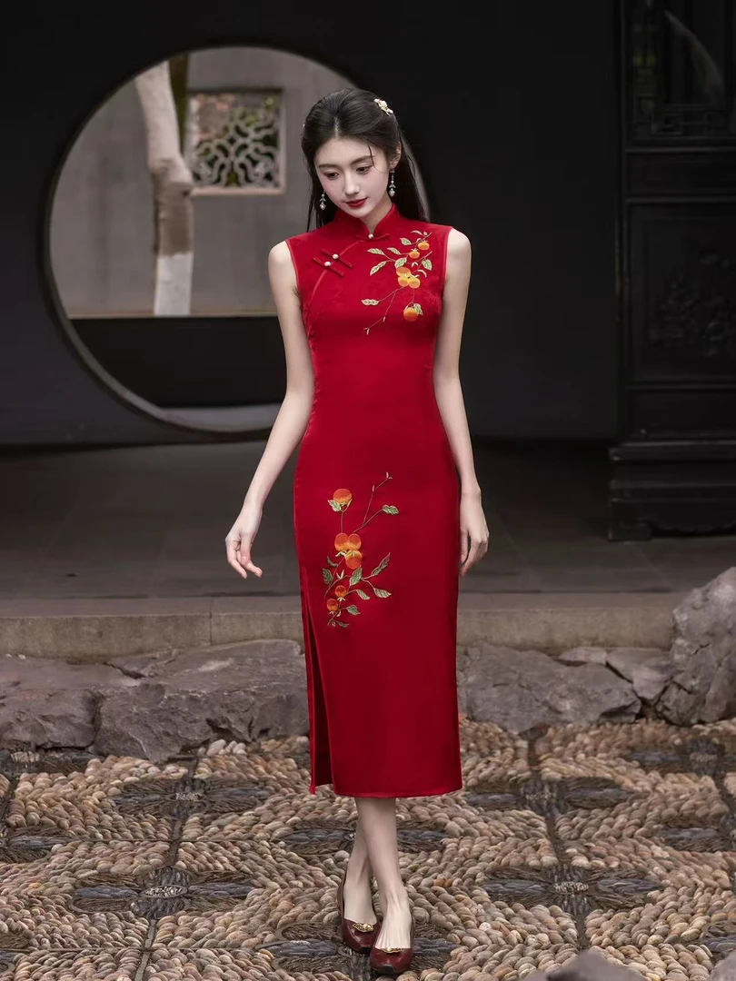 LJQ红色旗袍敬酒服2025新款订婚礼服新中式新娘晨袍无袖醋酸绣花