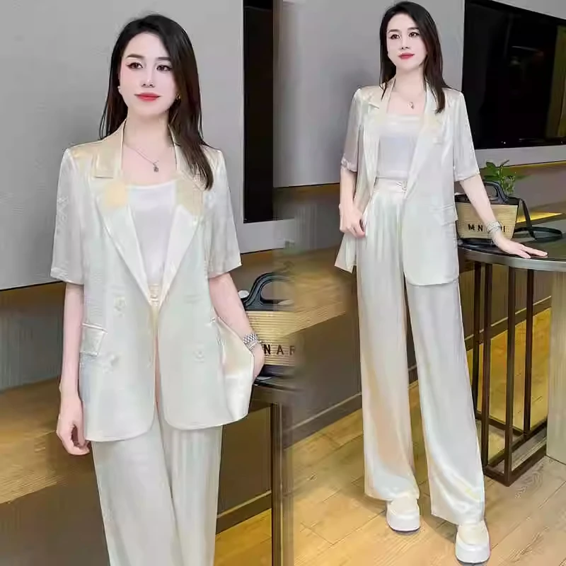 欧若风西装套装女夏季新款气质显瘦休闲冰丝短袖西服阔腿裤两件套