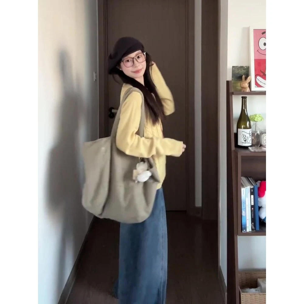 2025新款黄色v领系带针织衫上衣韩系宽松高级感套头毛衣女秋冬季