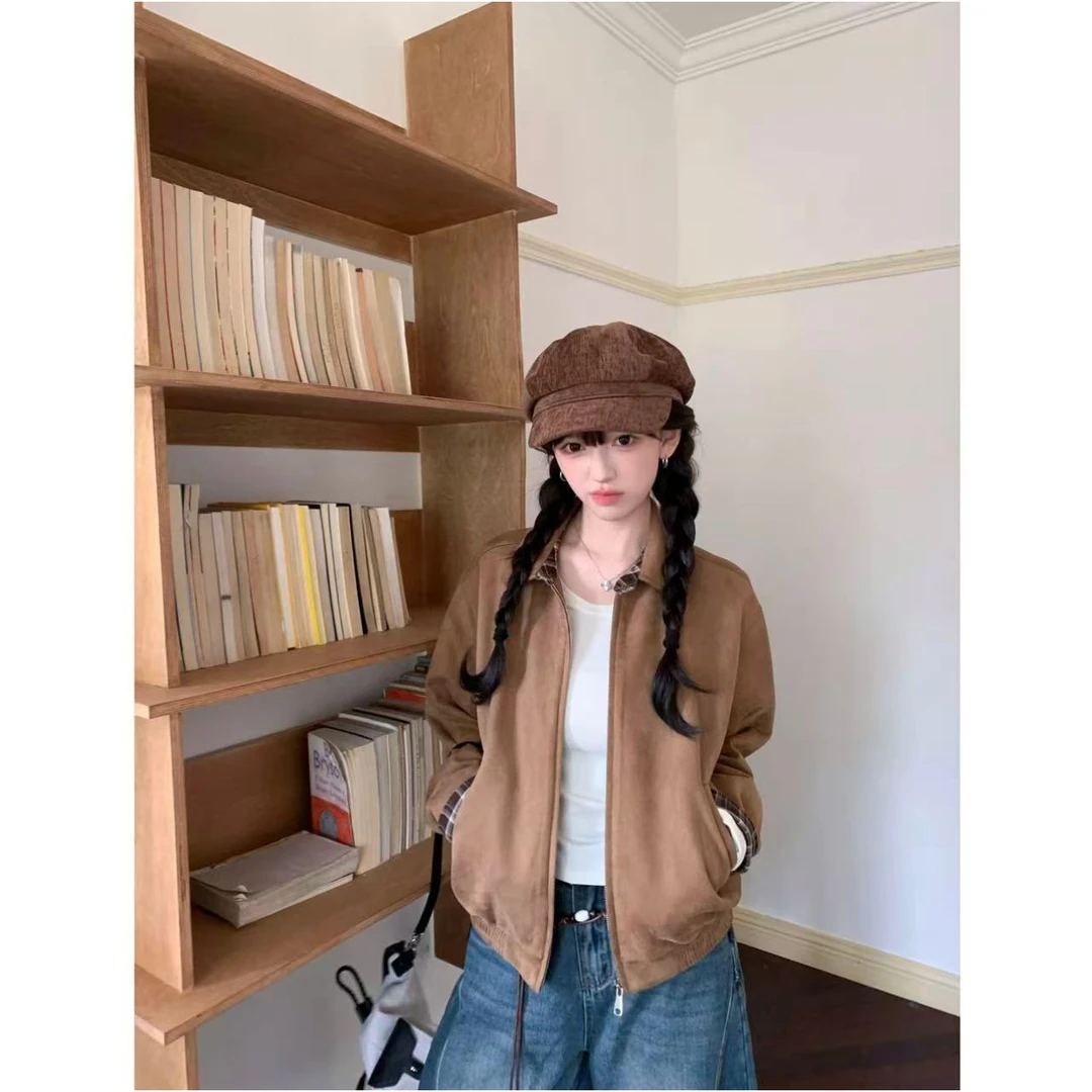 格纹拼接麂皮绒感外套女25秋季宽松短款时尚外套