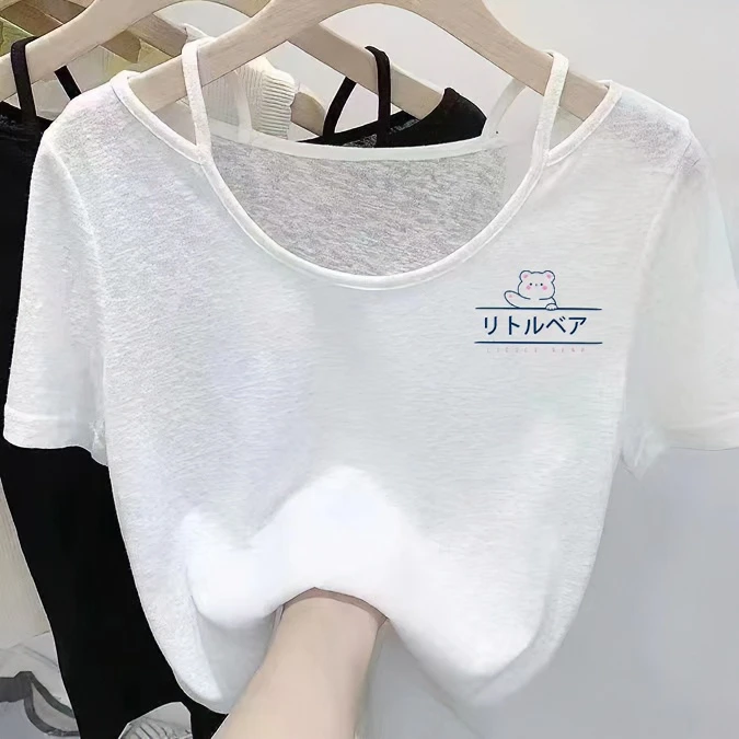 夏季微透气质小众露肩短袖t恤女新款宽松百搭显瘦吊带上衣内搭