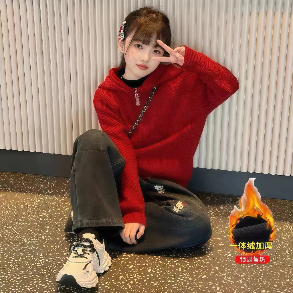 韩系超好看双拉链连帽女童加厚毛衣开衫设计感刺绣牛仔直筒裤套装