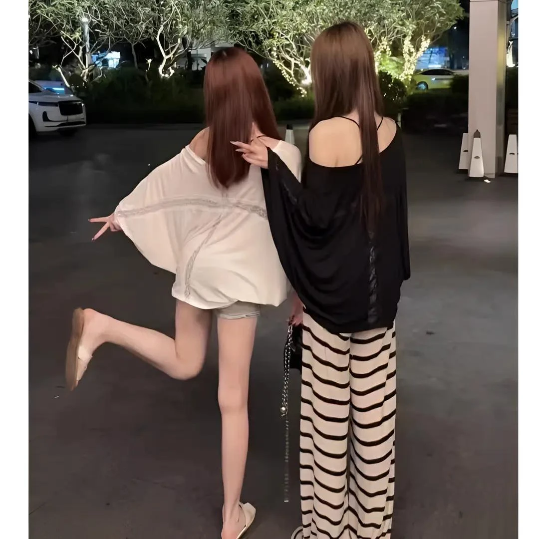 气质姐姐后背蕾丝拼接蝙蝠袖空调罩衫+针织镂空慵懒风条纹拖地裤