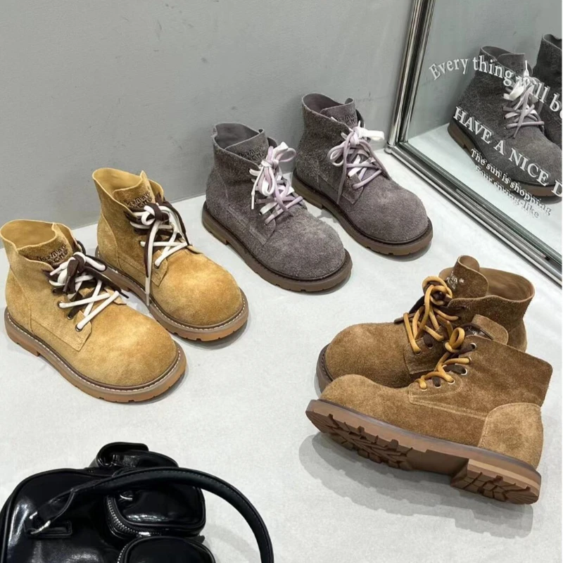2025新款真皮纯皮厚底增高马丁靴女鞋系带休闲运动鞋女鞋短筒靴