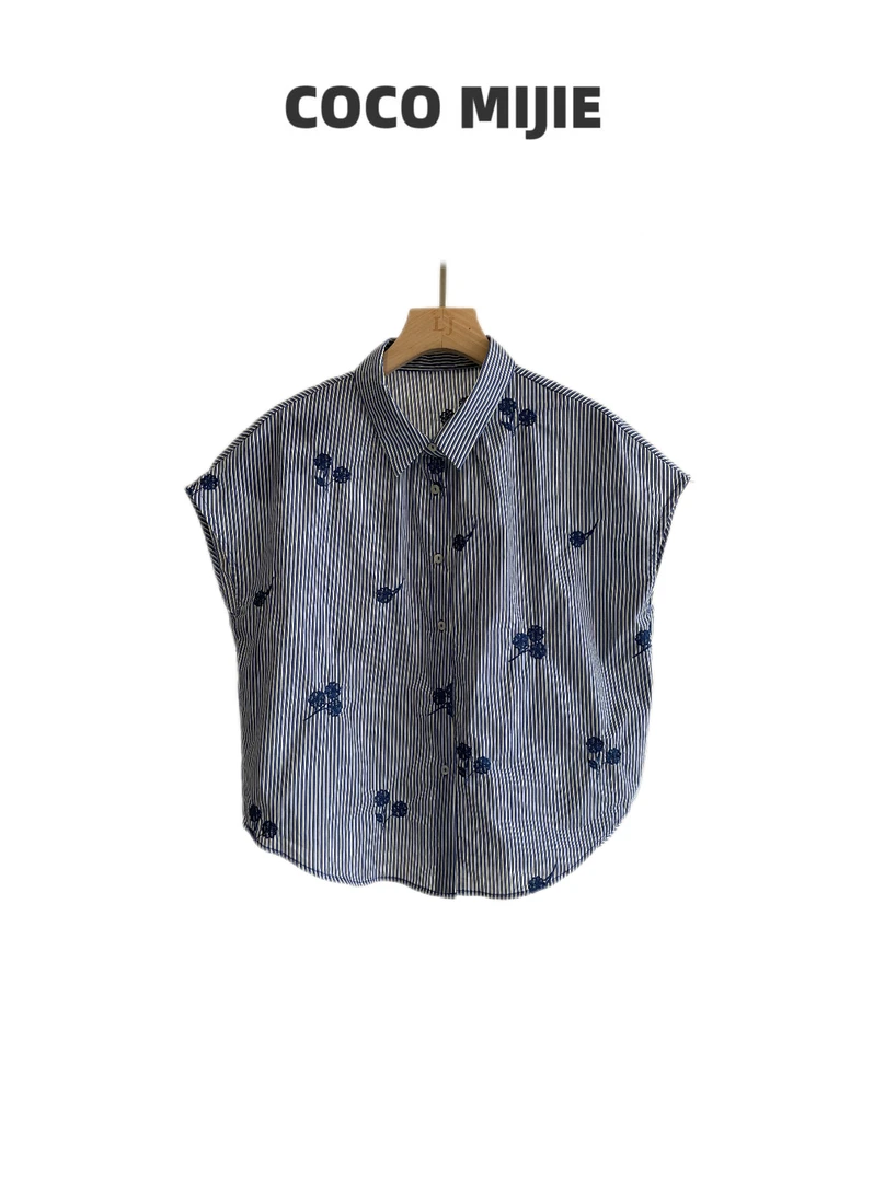 高品竖条纹刺绣花无袖衬衣CY-1091