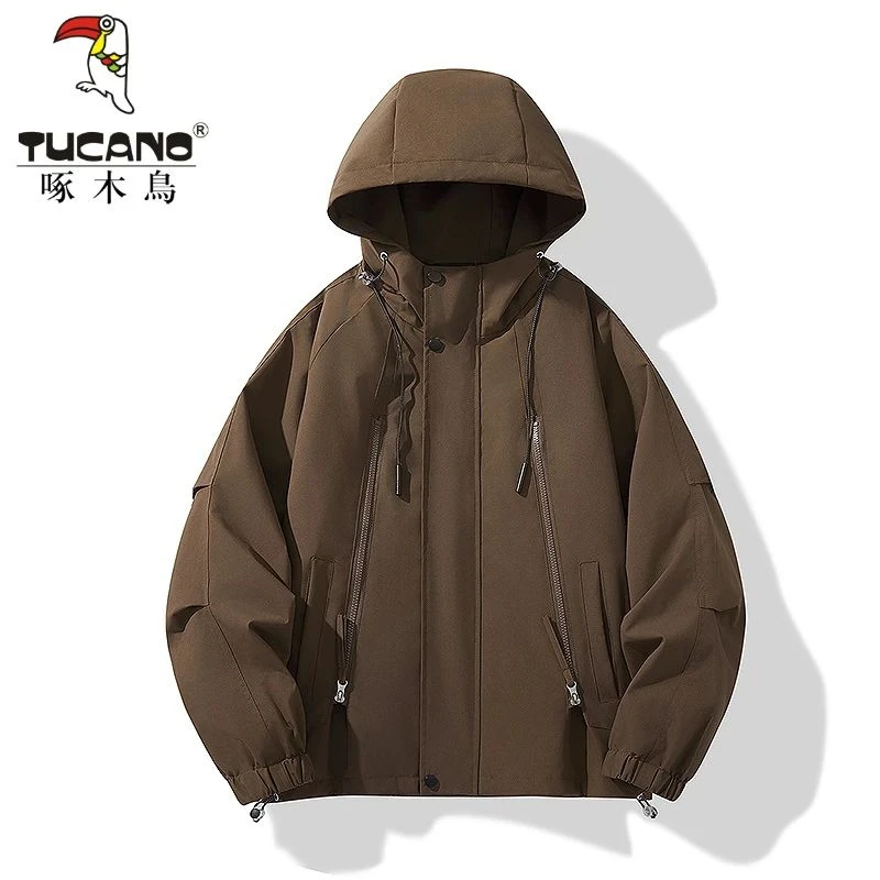 啄木鸟2025春秋情侣款冲锋夹克男机能风工装袋户外防风防水秋