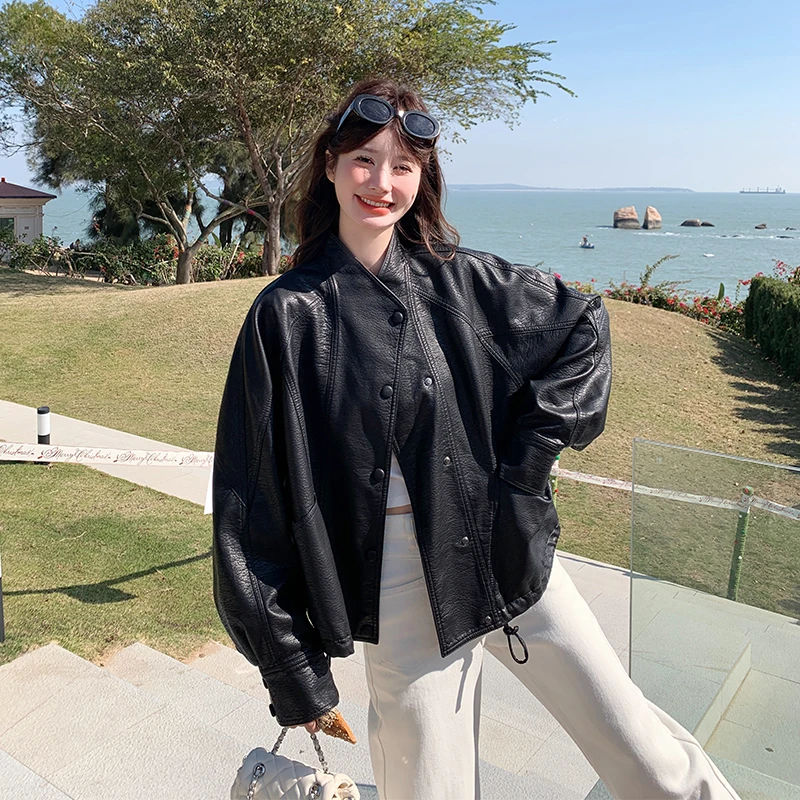 复古港风长袖皮衣外套女春季高级感宽松休闲机车服皮夹克上衣大衣
