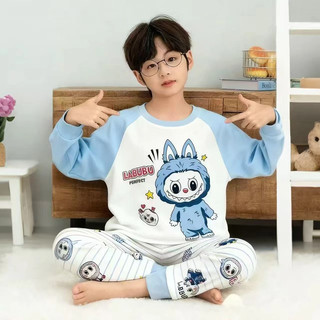 2025新款春秋长袖插肩家居服男女宝两件套套装