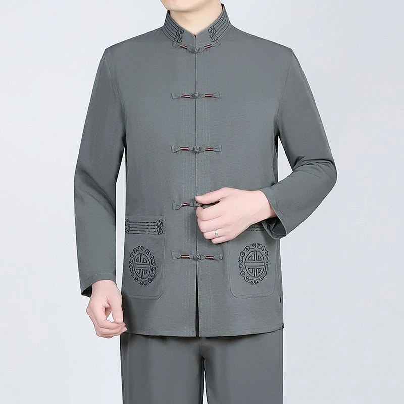 春夏秋季中老年男士男装长袖冰丝爸爸衣服爷爷太极服休闲上衣套装
