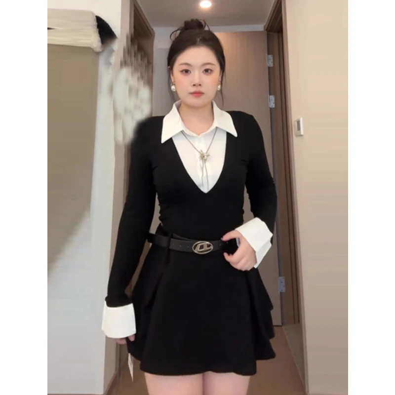 胖mm大码学院风假两衬衫连衣裙女秋冬收腰气质设计感辣妹黑色短裙