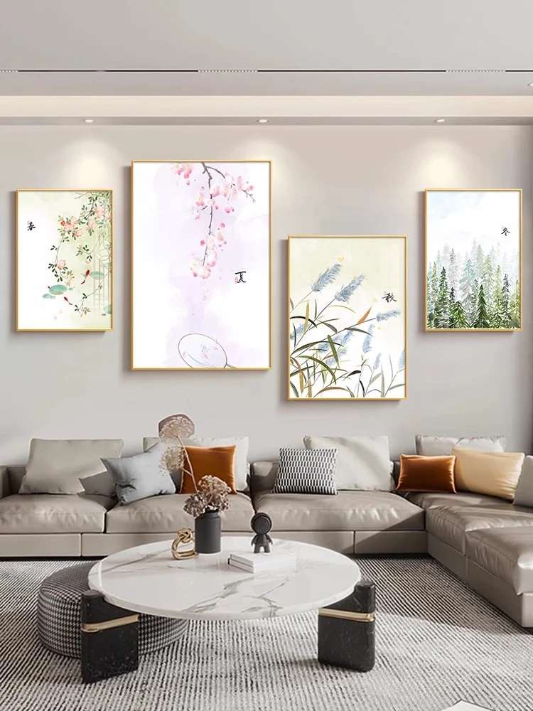 客厅背景墙现代简约光影挂画春夏秋冬新中式装饰画沙发背景装饰画