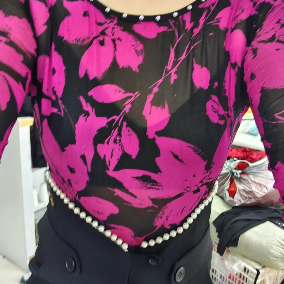 舞蹈服中领圆领V领印花中袖舞服高领T恤纱网豹纹短袖