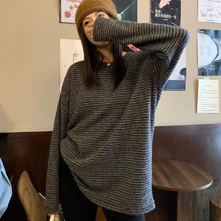 【运补4-5】秋冬条纹女装磨绒圆领宽松保暖衫长袖针织外穿上衣T恤