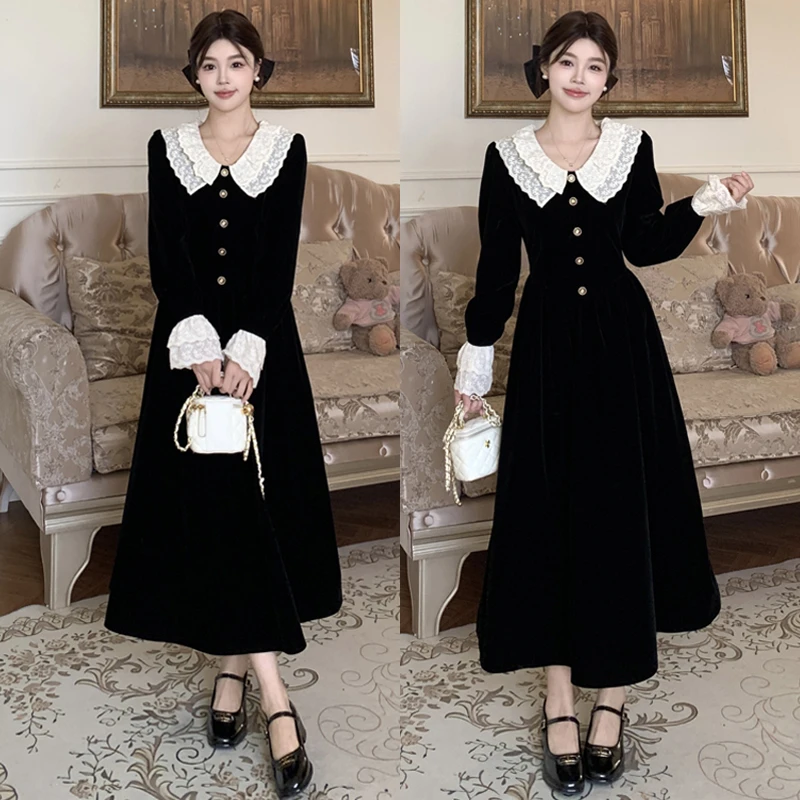 大码【富家千金】秋冬新款韩版黑色丝绒蕾丝花边领显瘦长连衣裙女