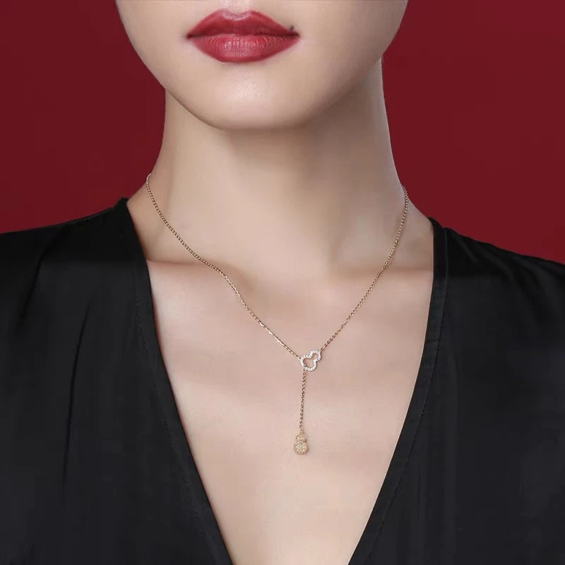 铜合金项链 双葫芦流苏抽拉项链毛衣链坠链时尚ins简约设计感