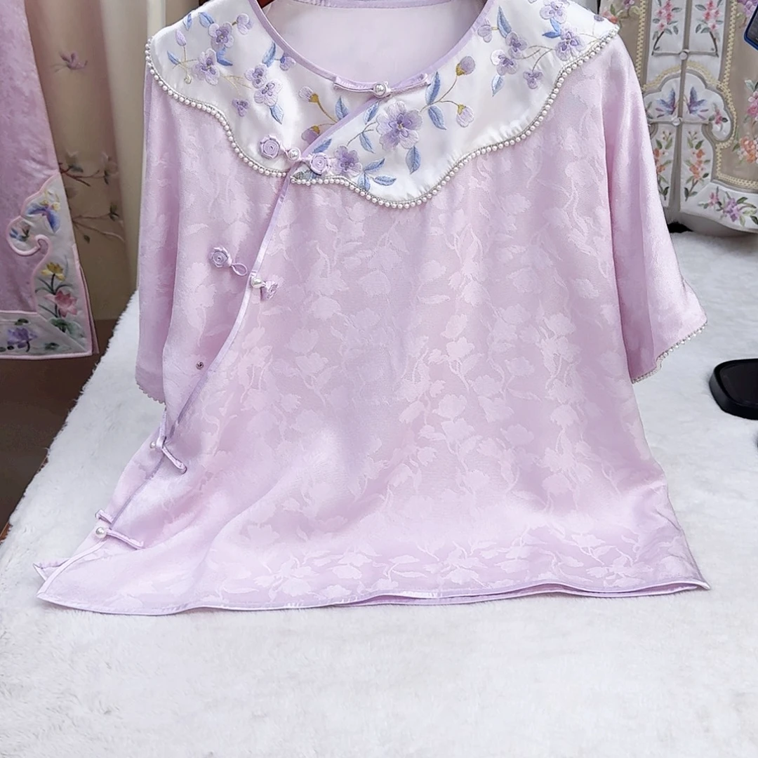 织绣真丝紫色花罗短袖