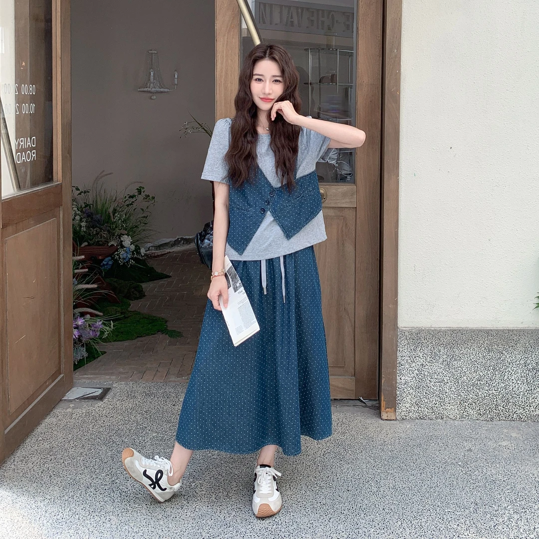 韩系慵懒风套装女2025夏新款复古牛仔波点假两件上衣半身裙两件套
