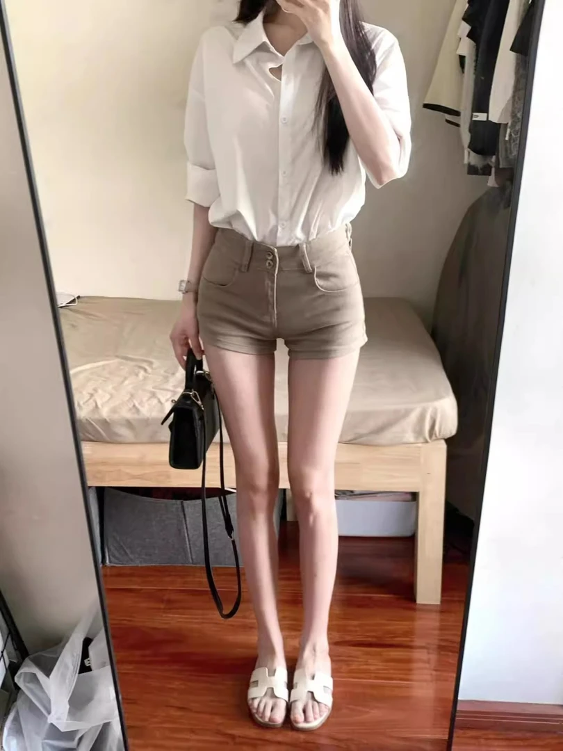 卡其色修身休闲牛仔短裤女小个子春夏辣妹高腰显瘦弹力丰胯热裤子