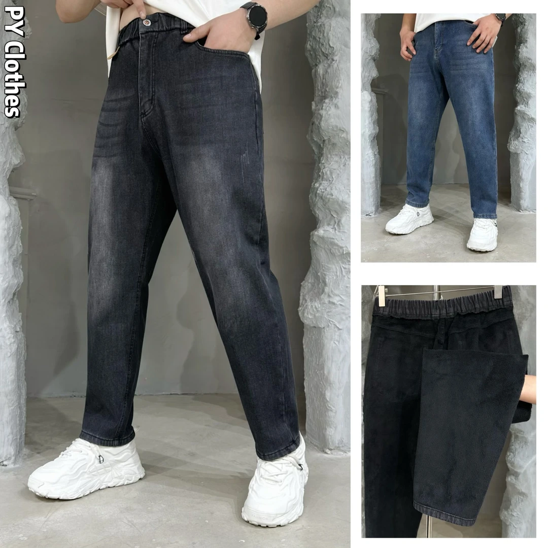 【加绒】胖语大码男装 2025新款百搭水洗直筒休闲裤加绒牛仔裤381#F