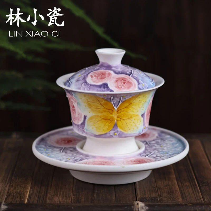 林小瓷洞尚造物粉紫蝴蝶玫瑰三才盖碗单个手绘泡茶碗