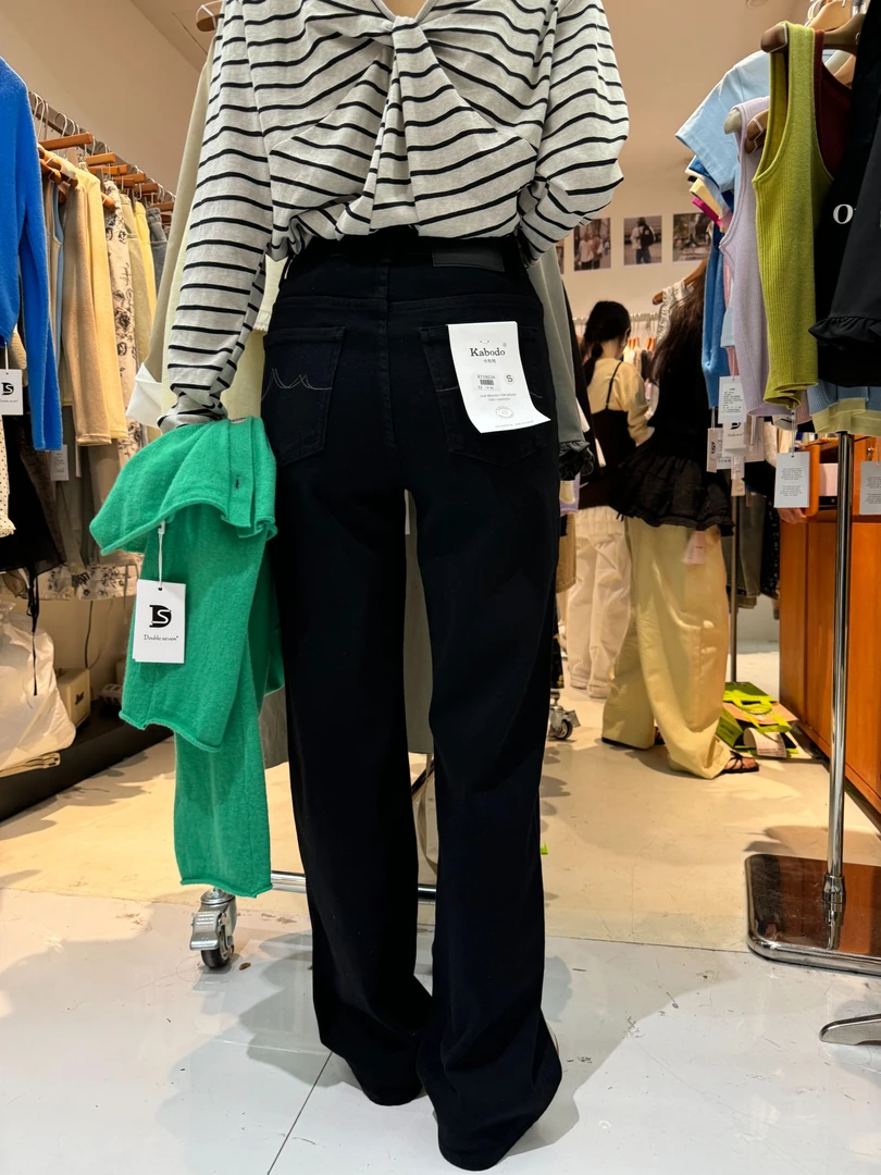 巴布71922牛仔裤女春季新款窄版阔腿裤Kabodo高腰黑色显瘦拖地裤