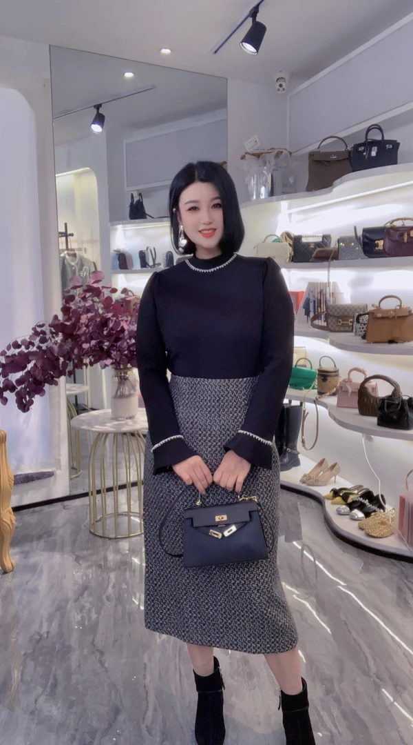 QUEEN【钻链拼接小香风连衣裙】（时尚气质百搭显瘦千鸟格中长款修身