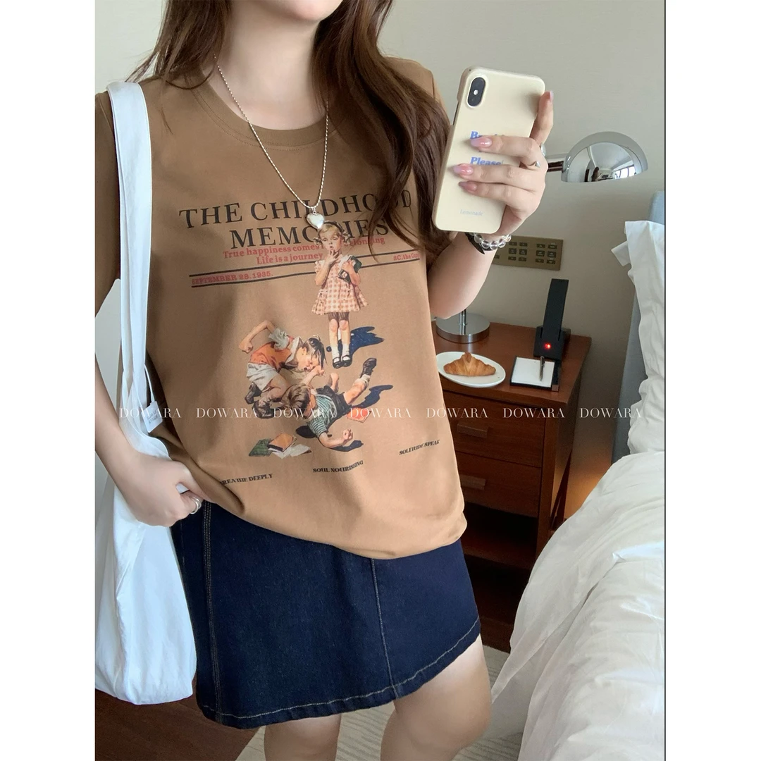 现货大婉酱微胖定制纯棉咖色短袖t恤女2025夏季印花宽松上衣6851D