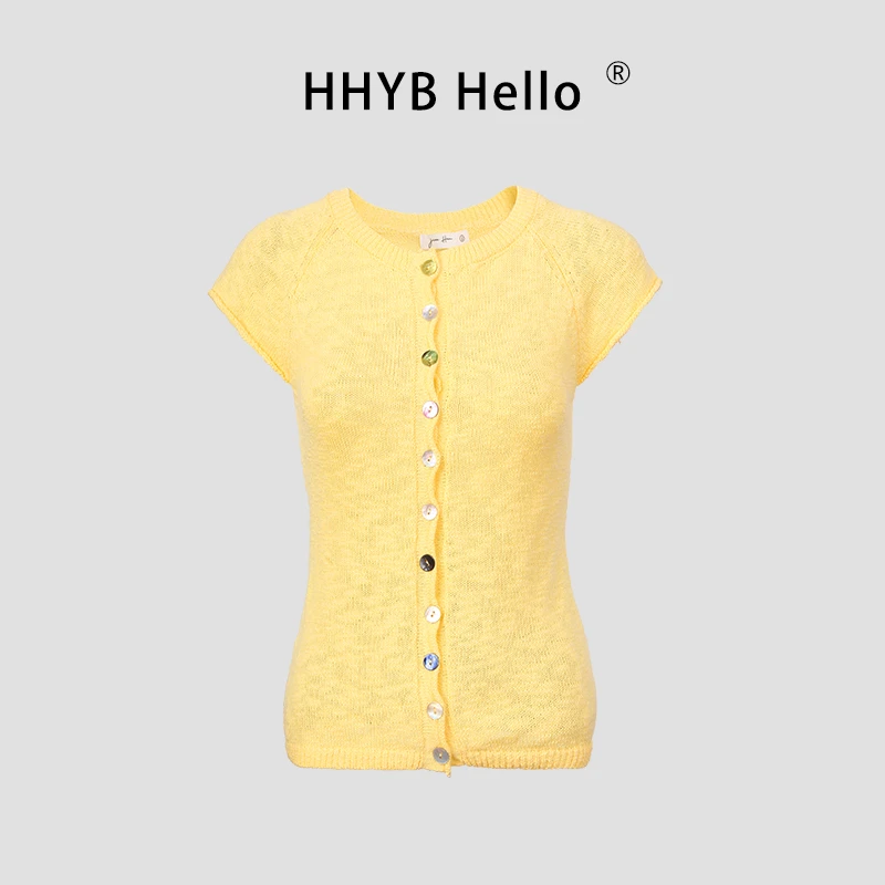 HHYB Hello新款彩色扣子擦肩袖时尚针织上衣修身显瘦T恤女QM1328