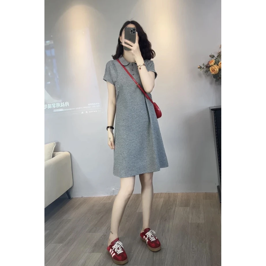 时尚洋气娃娃领短袖连衣裙女夏季新款纯色百搭简约大气中长款裙子