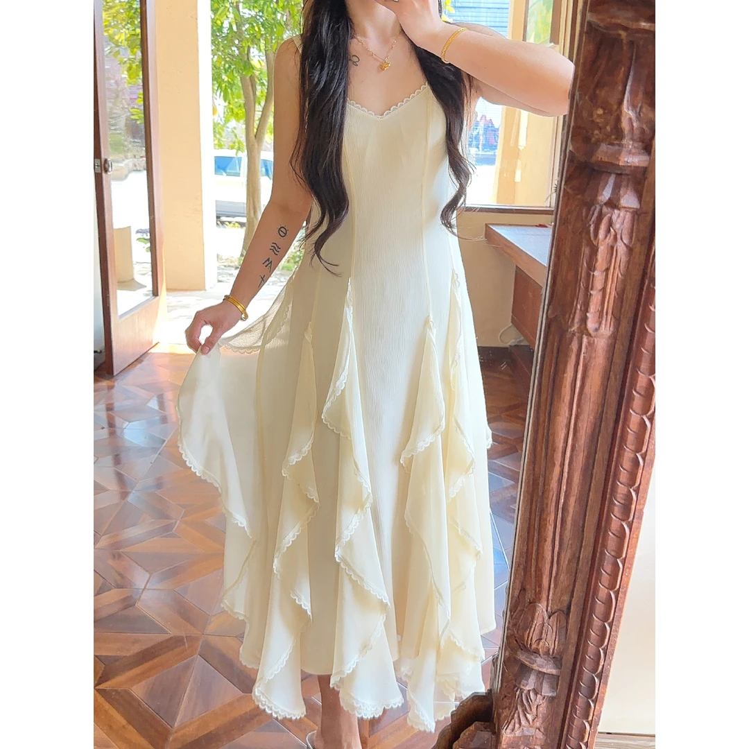 QC李潇洒【羽衣翩跹】微胖大码春夏浪漫荷叶边拼蕾丝边收腰温柔吊带