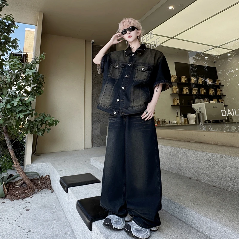 夏季小众拼皮铆钉短袖牛仔夹克套装男痞帅做旧牛仔阔腿长裤两件套