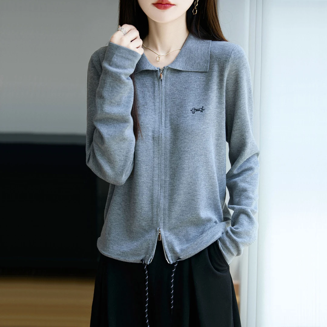 秋季薄款纯色翻领羊毛针织开衫外套女百搭时尚刺绣百搭外套上衣