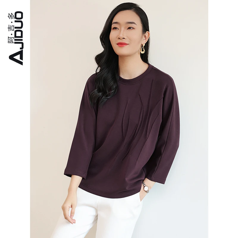 A30991阿吉多气质新款休闲百搭纯色圆领设计感小众上衣T恤
