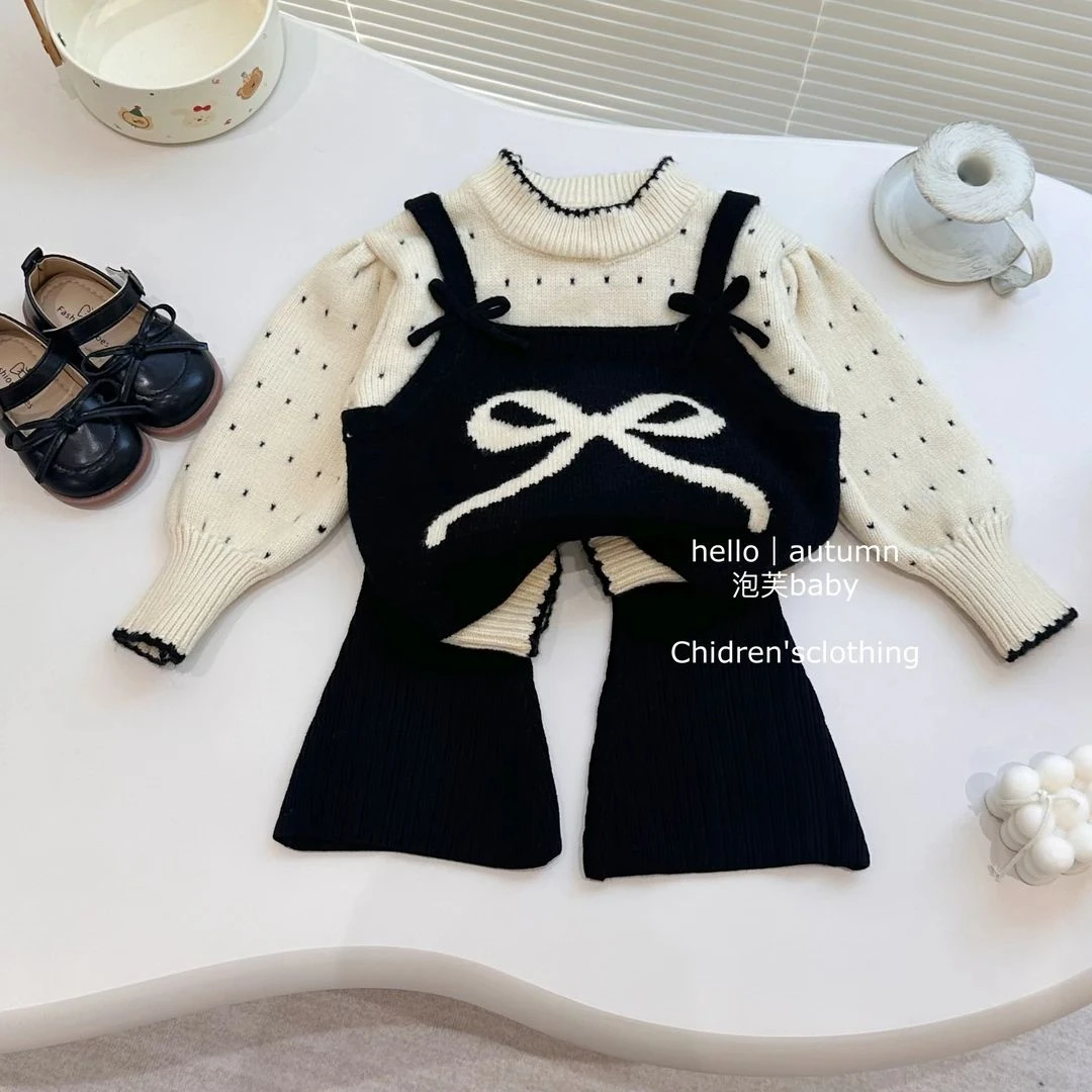 女童假两件蝴蝶结针织毛衣2025新款春秋黑色针织喇叭裤儿童套装