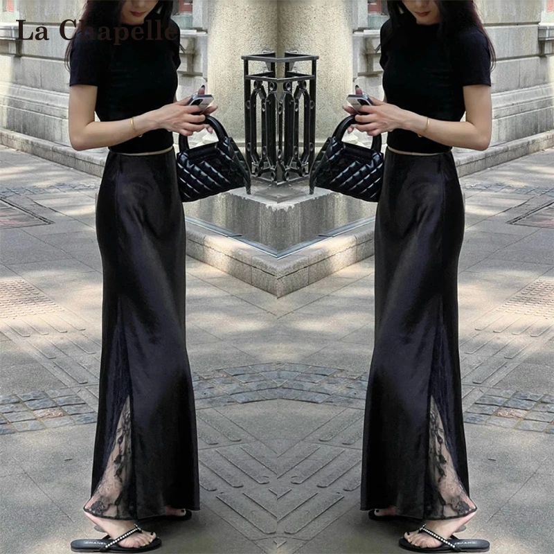 拉夏贝尔黑色蕾丝拼接半身裙女夏季薄款高级感醋酸缎面显瘦包臂裙